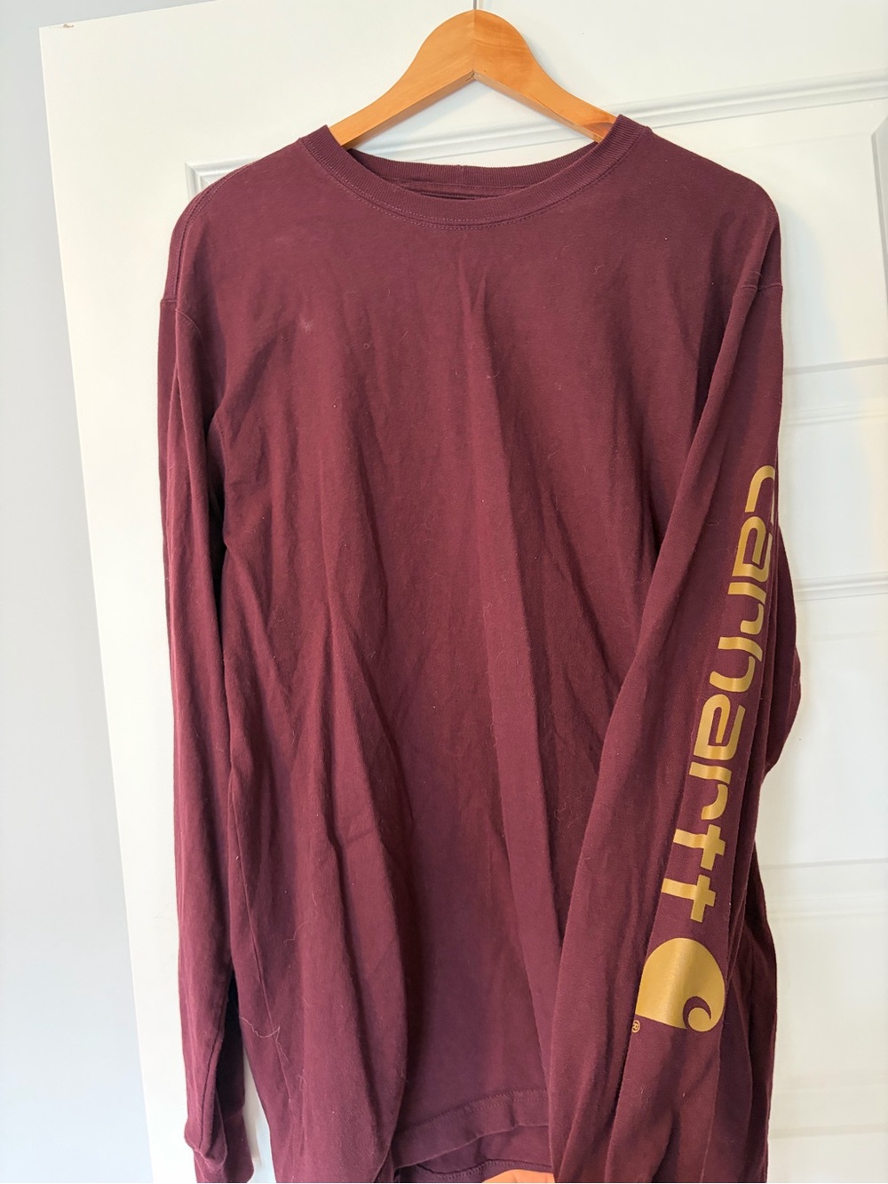 Carhartt Long Sleeve Crewneck Shirt in Wine with Gold Sleeve Logo